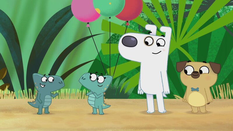 Als Überraschungsgast taucht auf der Party dann auch noch Chamäleon Leon auf und freundet sich mit Chamelia an. – Bild: WDR/​2021 Cyber Group Studios