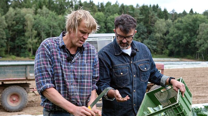 Bio-Landwirt Uli Overmeyer nimmt Tarik mit zur Blumenkohlernte. – Bild: ZDF und NDR/​Svenja Halberstadt