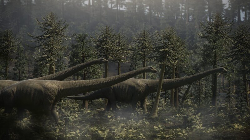 Gruppe von Paraceratherium in historischer Umgebung. – Bild: National Geographic Channels /​ Blink Films