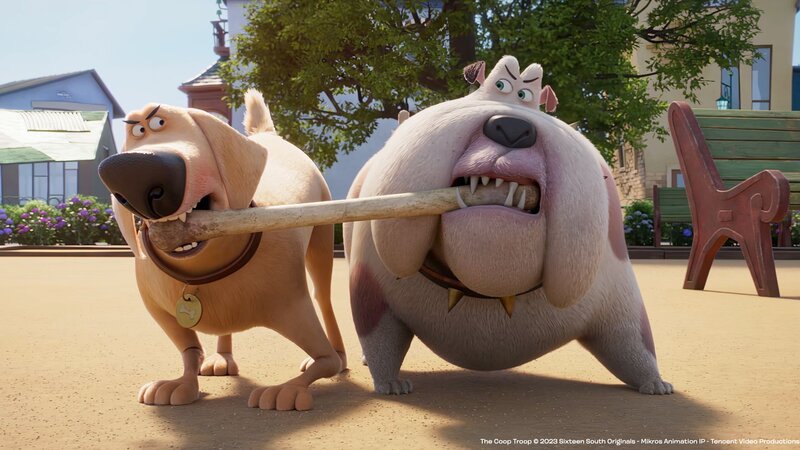 Verbissen kämpfen Bertha und Sam um einen großen Knochen. – Bild: KiKA/​2022 Sixteen South/​Mikros Animation IP/​Tencent