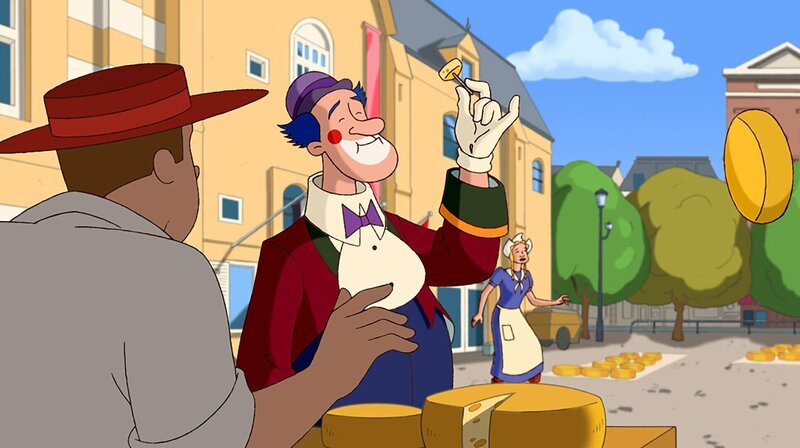 Clown Rupert macht eine Käseprobe auf dem Käsemarkt von Alkmaar. – Bild: ORF/​EBU