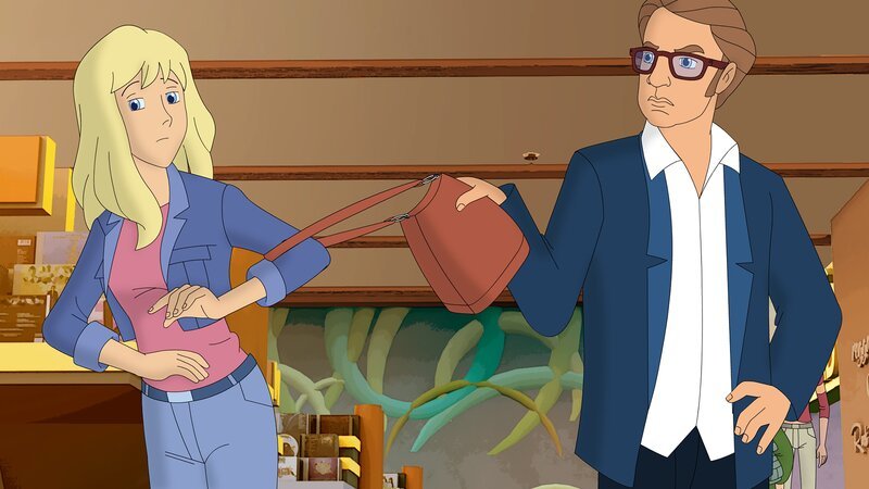 Der Plan von TKKG geht auf. Der zwielichtige Kaufhausdetektiv Zinkdübel hat angebissen und Gaby als Ladendiebin gestellt. – Bild: ZDF/​Neue Trickompany