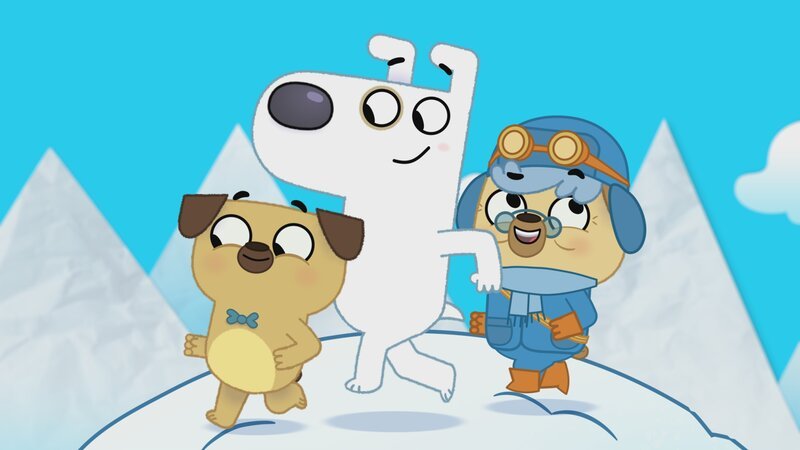 Dog, Puck und Oma Puck versuchen nicht von einer Lawine überrollt zu werden. – Bild: KiKA/​Dog Loves Productions Limited