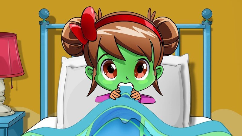 Lucia gruselt sich so sehr, dass ihr Gesicht ganz grün ist. – Bild: KiKA/​Animaccord LTD