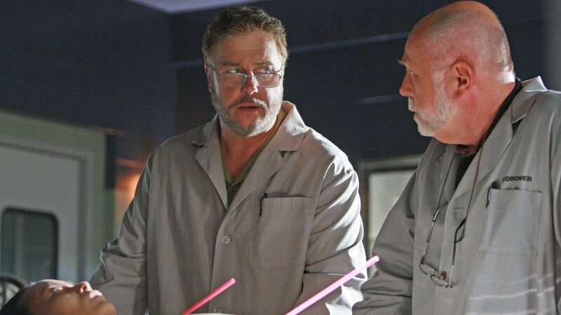 Grissom (William Petersen, li.) und Dr. Robbins (Robert David Hall) untersuchen die Leiche einer jungen Frau (Jin Yang), die auf dem Straßenfest einer kleinen koreanischen Gemeinde erschossen wurde. – Bild: MG RTL D /​ CBS