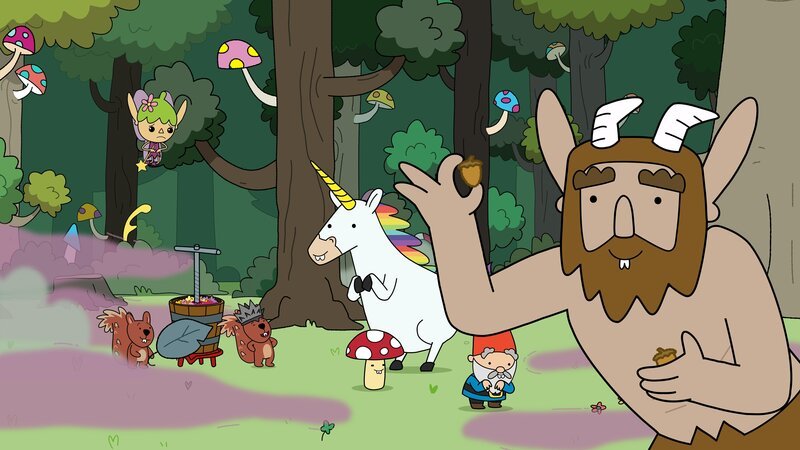 Die Eichhörnchenkönigin (3. von links) hat außer Twinkle (2. von links) die Helden Tupfen, Blümchen, Herbert und Hufius mit dem Geruch eines Parfüms, das sie aus Blüten herstellt, zu Untertanen verzaubert. – Bild: ZDF/​Tiger Aspect Kids & Family Limited, Movimenti Production, Zodiak Kids & Family France and Monello Productions