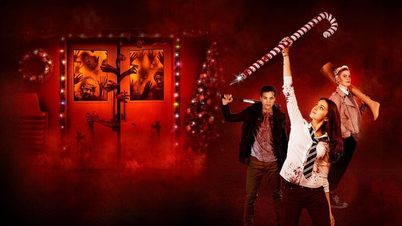 Plakatmotiv zum Film mit Nick (Ben Wiggins, l.) Anna (Ella Hunt, M.), Steph (Sarah Swire, r.) und Zombies im Hintergrund. – Bild: ZDF Plakatmotiv zum Film mit Nick (Ben Wiggins, l.) Anna (Ella Hunt, M.), Steph (Sarah Swire, r.) und Zombies im Hintergrund. – Bild: ZDF