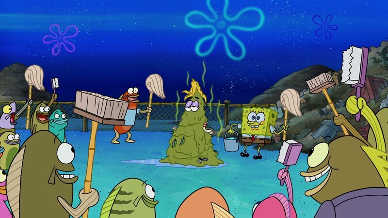 Hinter: Filthy Muck (m.), SpongeBob (r.). – Bild: ViacomCBS