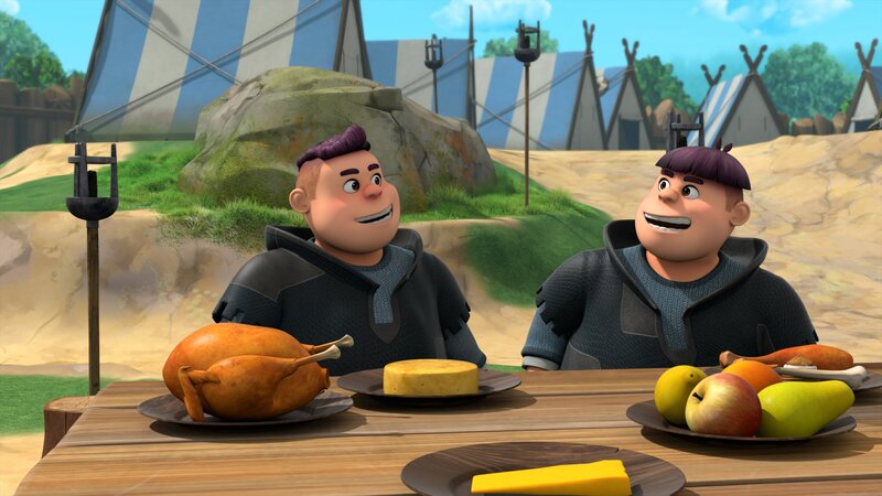 Ralf (links) und Rolf (rechts) freuen sich über das leckere Essen im Wikingerlager. Dafür würden sie auch Wikinger werden. – Bild: ZDF/​Method Animation/​ZDF Studios