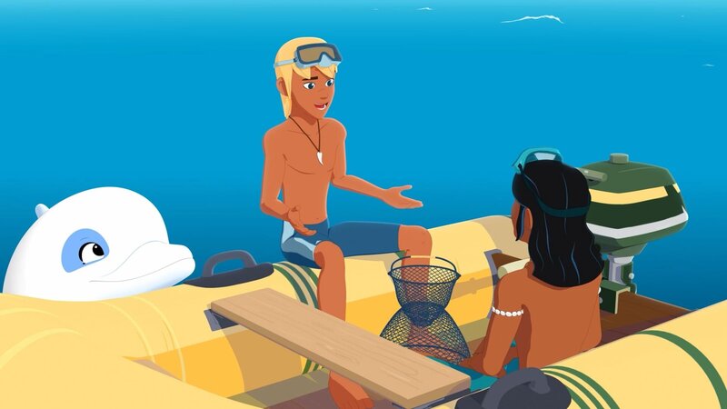 Yann (M.) will zusammen mit Zoom (l.) ihrem Freund Auru (r.) helfen, echte schwarze Perlen zu finden. – Bild: Media Valley/​ Marzipan Films /​ ZDF