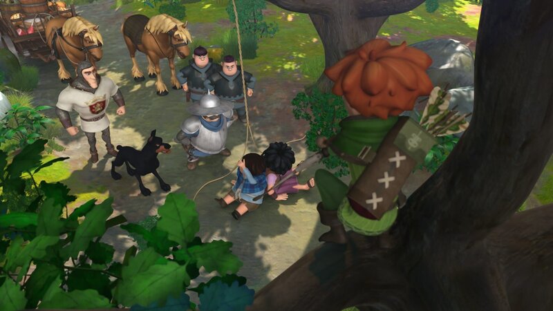 Der Sheriff, seine Söhne, die Wache und Hund Flynn haben den Wagen mit Lebensmitteln der Dorfbewohner beladen und sind auf dem Weg ins Schloss. Robin Hood und seine Gefährten Little John und Tuck versuchen, sie aufzuhalten. – Bild: ZDF /​ Method Animation, DQ Entertainment, Fabrique dŽimages, ZDF Enterprises, De Agostini