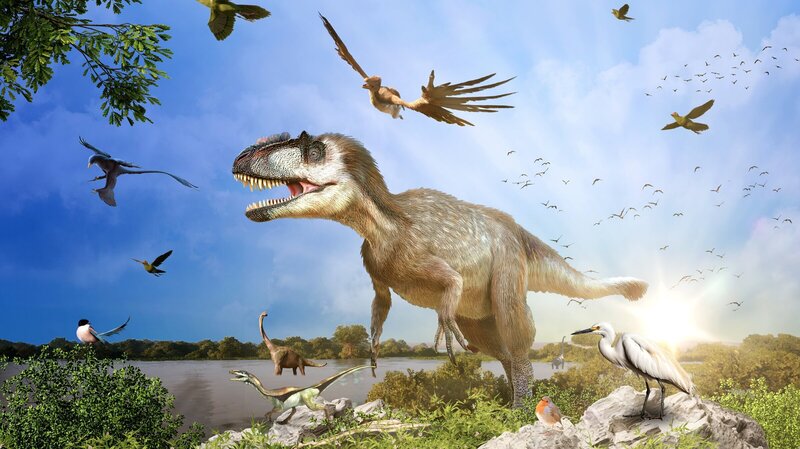 Der gefiederte Raubsaurier Yutyrannus lebte vor rund 125 Millionen Jahren. Seine haarähnliche Federn dienten der Wärmeregulierung. Über Millionen von Jahren entwickelten sich daraus die Flugfedern der heutigen Vögel. – Bild: ZDF und Pernel Media