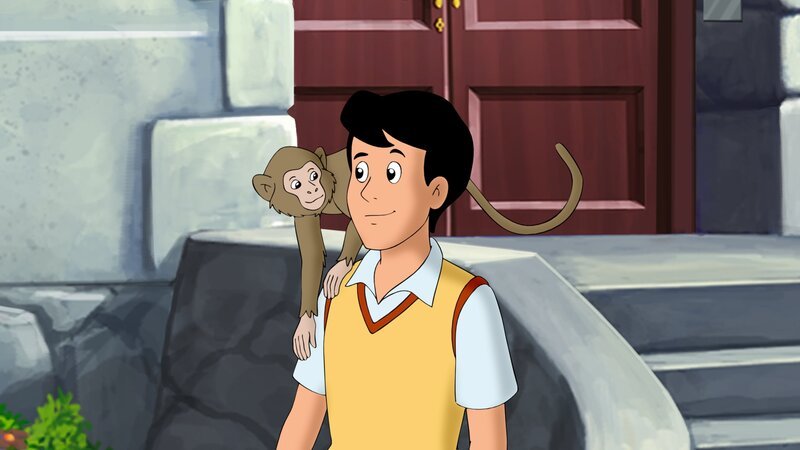 Alex freundet sich schnell mit Äffchen Lara an, die ihn ganz schön herausfordert. – Bild: ZDF und Kiddinx