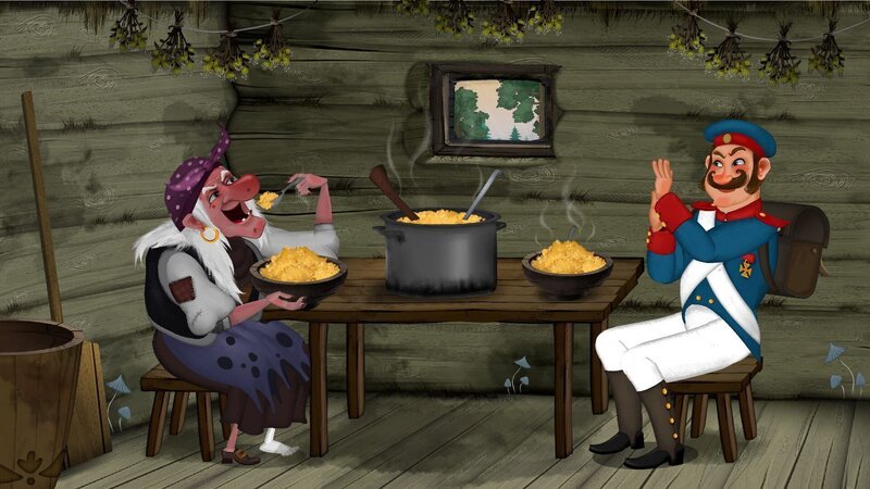 Die Hexe und der Soldat essen den Brei. – Bild: KiKA/​Animaccord LTD