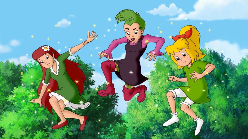 Bibi (r.) und ihre Hexen-Freundinnen Schubia (M.) und Flauipaui (l.) sind verdutzt. Runzia will keine neugierigen Junghexen im Finsterwald und hext sie kurzerhand in die Luft. – Bild: Kiddinx Studios /​ ZDF