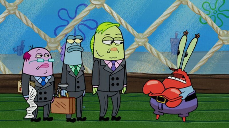 The Blue executive (2.v.l.), Howard Blandy (2.v.r.), Mr. Krabs (r.) – Bild: ViacomCBS