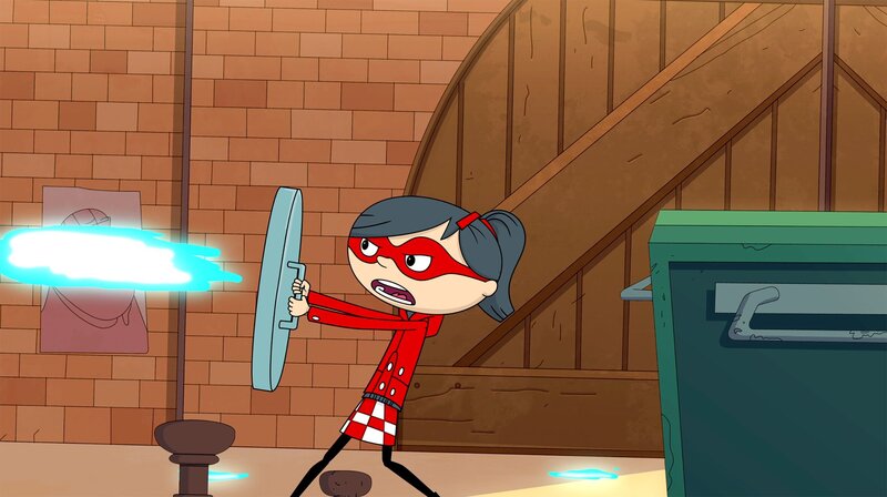 Mirette im Kampf gegen die Erinnerungslöschmaschine des Großen Gefährlichen Gangsters. – Bild: WDR/​Cyber Group Studios/​KD Productions Toons&Games/​Televisió de Catalunya