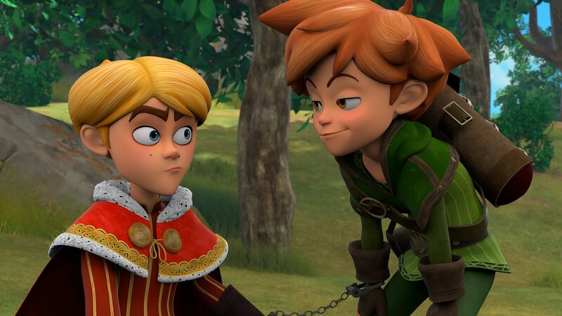 Prinz John (links) und Robin (rechts) sind aneinander gekettet entkommen. Ob das gutgeht? – Bild: ZDF/​Method Animation /​ ZDF Studios
