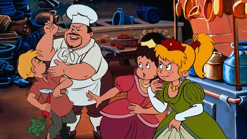 Bibi (r.) und Moni (l.) sind empört. Der Koch (2.v.l.) verteilt Ohrfeigen, und das finden die beiden Mädchen höchst ungerecht. Mit welchem Hexspruch Bibi den armen Küchenjungen (r.) wohl rächen wird? – Bild: hör + lies Verlag /​ ZDF