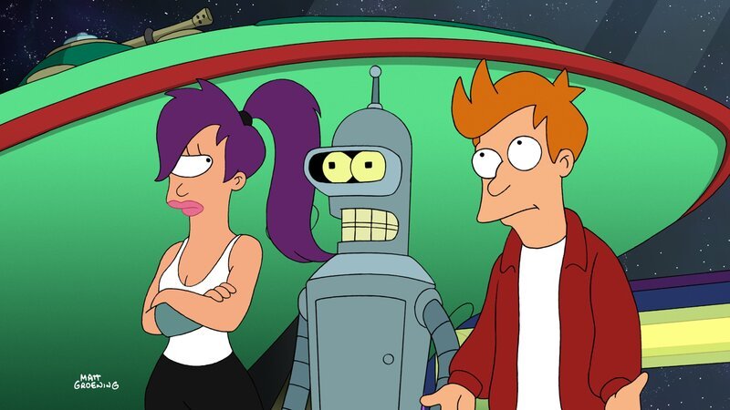 Nachdem Ausfall der dunklen Materie müssen sich Leela (l.), Bender (M.) und Fry (r.) eine Quelle für Treibstoff suchen … – Bild: Comedy Central