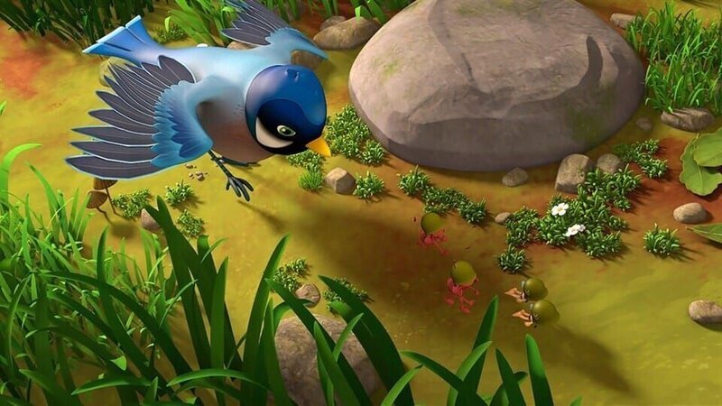 „Die Biene Maja“: Richter Bienenwachs entdeckt im Nest der Blaumeise zwei Jungvögel. Maja und Willi kommen in ein Trainingscamp der Ameisen; Emil und Egon übernehmen die Ausbildung. Auf der Suche nach Oberst Paul werden sie von der Mutter-Blaumeise angegriffen und flüchten in eine Baumhöhle. – Bild: ZDF/​Studio 100 Animatio /​ KiKA/​Bildredaktion