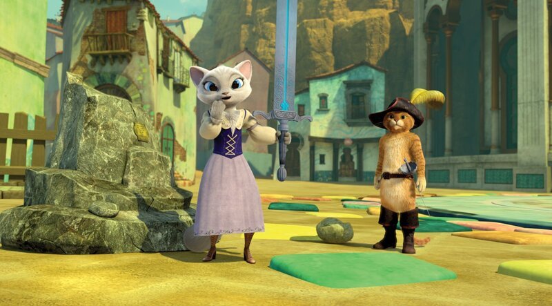 Völlig überrascht muss der gestiefelte Kater mit ansehen, wie Dulcinea das Schwert aus dem Felsen zieht und zur Heldin der Stadt wird. – Bild: DreamWorks Animation Völlig überrascht muss der gestiefelte Kater mit ansehen, wie Dulcinea das Schwert aus dem Felsen zieht und zur Heldin der Stadt wird. – Bild: DreamWorks Animation