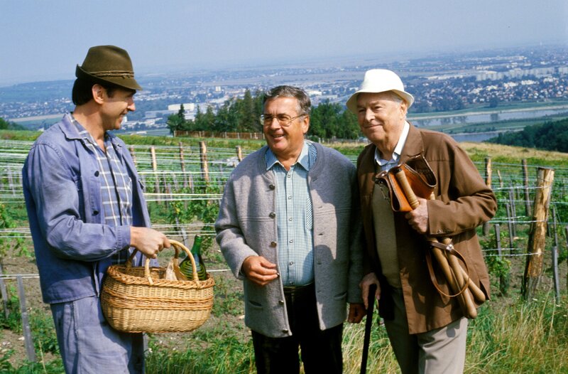 „Der Leihopa“, „Der Herbst in unserem Leben.“ Bei einem Herbstspaziergang durch die Weinberge Grinzings stoßen Waldemar und sein Freund Franz auf einen kleinen, gemütlichen Heurigen fernab von jedem Trubel. Die Besitzer sind gerade bei der Weinlese, so muss sich die 13-jährige Carmen um die Gäste kümmern. Zu Waldemar fasst sie schnell Vertrauen und erzählt ihm ihre Schulprobleme. Besonders Mathematik macht ihr Kopfzerbrechen, und überhaupt würde sie viel lieber in die Haushaltsschule gehen, aber ihre Mutter will unbedingt, dass sie studiert. Waldemar und Franz beschließen, Carmen zu helfen.Im Bild (v.li.): Ottwald John (Josef Mader), Alfred Böhm (Waldemar Herzog), Hans Holt (Franz Maierhofer). – Bild: ORF