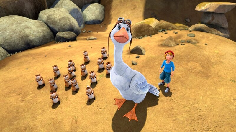 Martin und Nils wollen den gefangenen Lemmingen aus der Grube helfen. – Bild: BR/​Studio 100 Animation/​Studio 100 NV