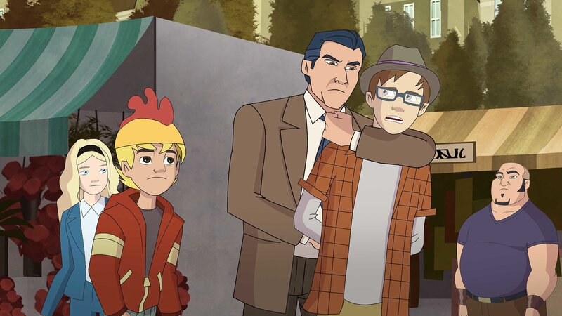 Kalle beobachtet, wie der Marktdetektiv Herr Stahl einen angeblichen Dieb erwischt. Gerne würde Kalle mit Herrn Stahl zusammenarbeiten. – Bild: ZDF /​ Edebé Audiovisual, B-Water