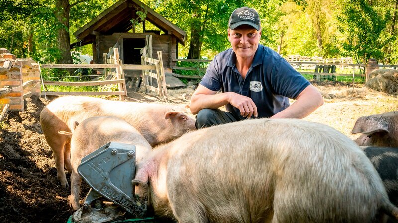 Spreewaldbauer Sebastian Kilka mit seinen Schweinen. – Bild: NDR/​rbb/​Thomas Ernst