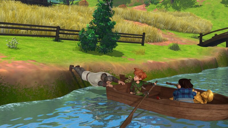 Robin Hood und Tuck haben die goldene Statue von Prinz John gestohlen. Die Wache kann sie nicht aufhalten. – Bild: ZDF