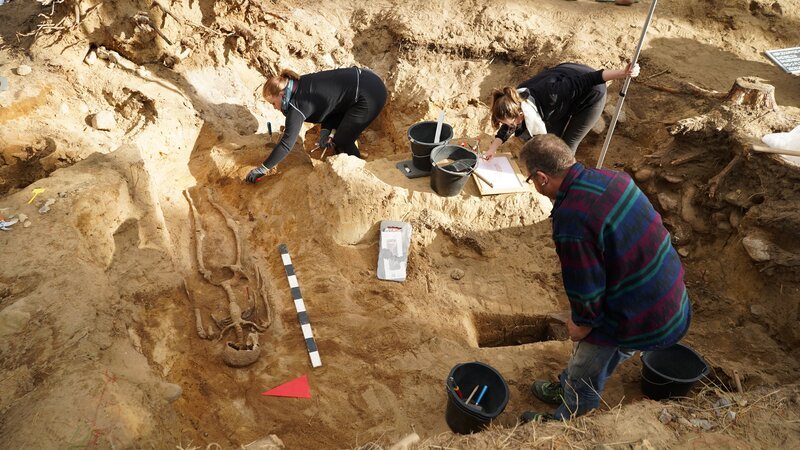 Grabung in Bad Belzig: Auf der ehemaligen Richtstätte in Bad Belzig gehen Archäologen auf Spurensuche. Viele Mythen ranken sich bis heute um ehemalige Henkersplätze und Galgenhügel. Richtplatzarchäologen versuchen Fakten von Fiktion zu trennen. Mit detektivischem Spürsinn lassen die Forscher Schicksale von Verurteilten auferstehen, die längst begraben schienen. – Bild: ZDF/​Thomas Frischhuth
