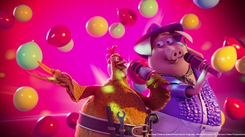 Flo und Clive glänzen beim Karaoke. – Bild: KiKA/​2022 Sixteen South/​Mikros Animation IP/​Tencent