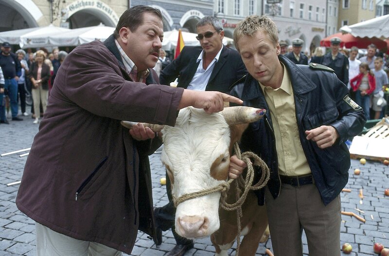 Kann die entlaufene Kuh den Cops (v.li.: Joseph Hannesschläger, Markus Böker, Max Müller) weiterhelfen? – Bild: ORF/​ZDF/​Christian A. Rieger