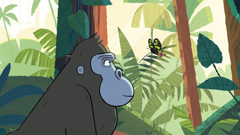 Gorilla Jack hat heute keine Lust zu spielen. Er schaut lieber einem Schmetterling zu. – Bild: ZDF