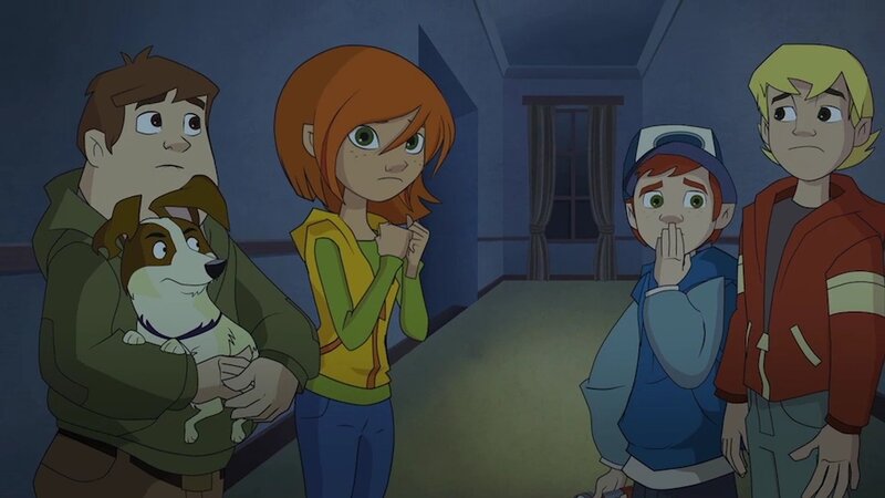 Die 4 1/​2 Freunde haben sich ins Haus von Hausmeister Daniel geschlichen, in dem merkwürdige Dinge vor sich gehen. – Bild: ZDF/​Edebé Audiovisual, B-Water