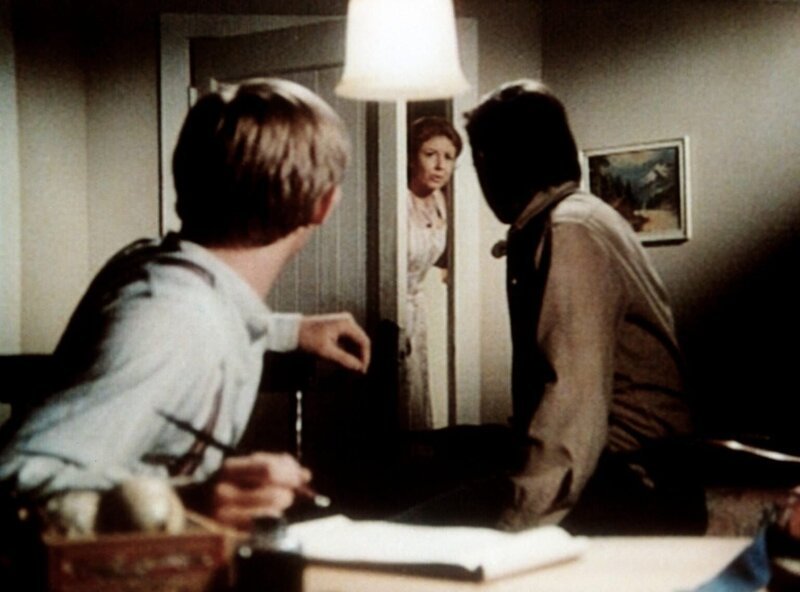 Olivia (Michael Learned, M.) teilt John Walton (Ralph Waite, r.) und John-Boy (Richard Thomas, l.) aufgeregt mit, dass die Schule von Waltons Mountain in Flammen steht … – Bild: Sat.1 Gold