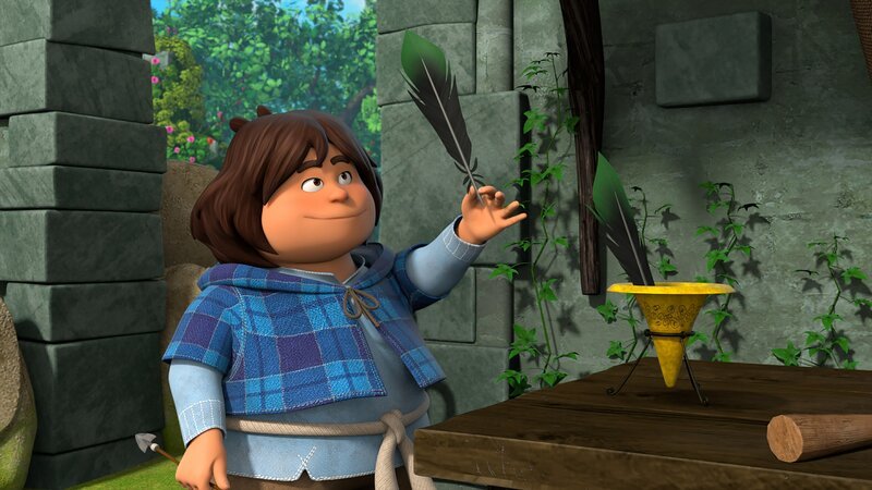 Tuck braucht eine Feder, um einen Pfeil für Robin zu bauen. Er ahnt nicht, welche magische Feder er sich bei Katell da ausgesucht hat. – Bild: ZDF/​Method Animation /​ ZDF Studios