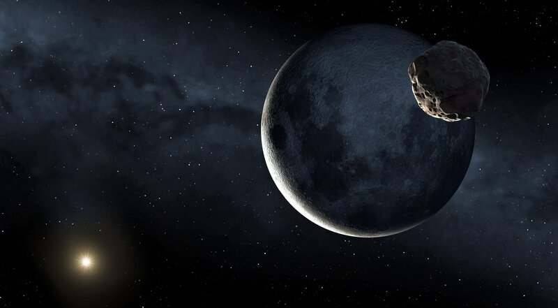 Asteroid passing the Moon. Computer artwork of an asteroid passing close to the Moon. This asteroid is an example of a near-Earth object (NEO), an astronomical object whose orbit intersects with that of the Earth. Asteroids are rocky bodies orbiting within the solar system. They vary in size from tens of metres across to over a hundred kilometres across. Large asteroids (over a kilometre across) impacting the Earth can cause mass loss of life. It is thought that this is what caused the extinction of the dinosaurs 65 million years ago. The Sun is at lower left, and the Milky Way is in the background. – Bild: Science Photo Library