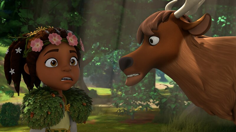 Katell entdeckt im Wald die Lockhirsche, die Prinz John für die Jagd hat aufstellen lassen. Sie sollen andere Hirsche anlocken. – Bild: ZDF/​Method Animation/​ZDF Studios