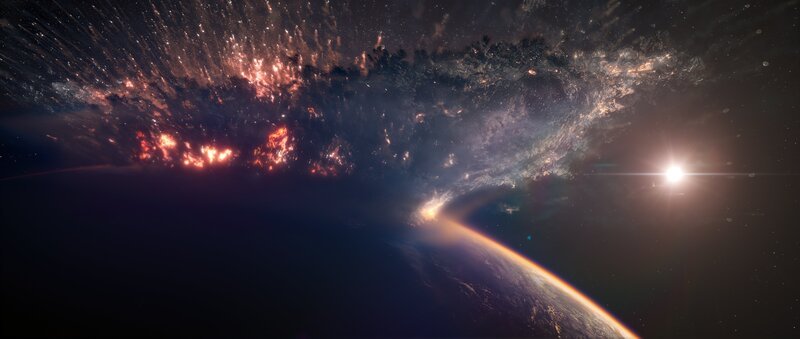 Vermutlich lösen Asteroideneinschläge tektonische Plattenbewegungen aus. Sie setzen Prozesse in Gang, die wiederum zum Auftreten der ersten Lebensformen auf der Erde führen. – Bild: BBC Studios /​ ZDF