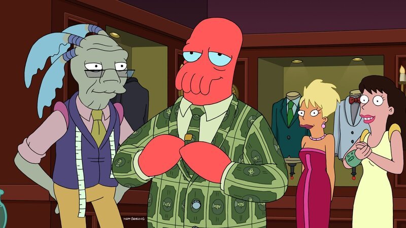 Zoidberg (2.v.l.) hat in einem Müllcontainer acht Millionen Dollar gefunden. Er nimmt das Geld und macht sich auf den Weg nach Mars Vegas, doch vorher muss ein neuer Anzug her … – Bild: Paramount