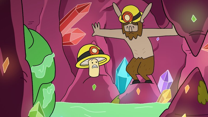 Tupfen (links) und Hufius (rechts) sind im hinteren Teil der Mine eingesperrt. Der grüne Hintern von Schmodda klemmt im Durchgang. Ohne Hufius Hilfe kommen die zwei da nicht raus, doch der hasst so eklige Sachen wie den Schleim. – Bild: ZDF/​Tiger Aspect Kids & Family Limited, Movimenti Production, Zodiak Kids & Family France and Monello Productions