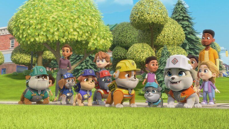 Die Crew, v.li.: Grandpa Gravel, Wheeler, Mix, Charger, Rubble, Motor, Auntie Crane. – Bild: Paramount