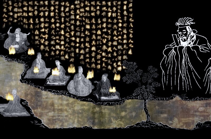 213 v. Chr.: Li Si (re.), Großkanzler der Qin-Dynastie, lässt Bücher verbrennen, um Gelehrte zu bestrafen, die sich für eine Rückkehr zur alten dezentralen Ordnung aussprechen. – Bild: Les Films d’Ici