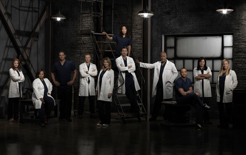 (9. Staffel) – Grey’s Anatomy: April (Sarah Drew, l.), Callie (Sara Ramirez, 2.v.r.), Alex (Justin Chambers, 3.v.l.), Arizona (Jessica Capshaw, r.), Derek (Patrick Dempsey, 5.v.r.), Meredith (Ellen Pompeo, 5.v.l.), Richard (James Pickens, Jr., 4.v.r.), Cristina (Sandra Oh, M.), Owen (Kevin McKidd, 4.v.l.), Miranda (Chandra Wilson, 2.v.l.) und Jackson (Jesse Williams, 3.v.r.) … – Bild: fox life