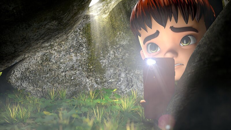 Kleiner Fuß hat wenig Lust in die enge Felshöhle zu krabbeln, um nach dem Schatz des Engländers zu suchen. – Bild: ZDF