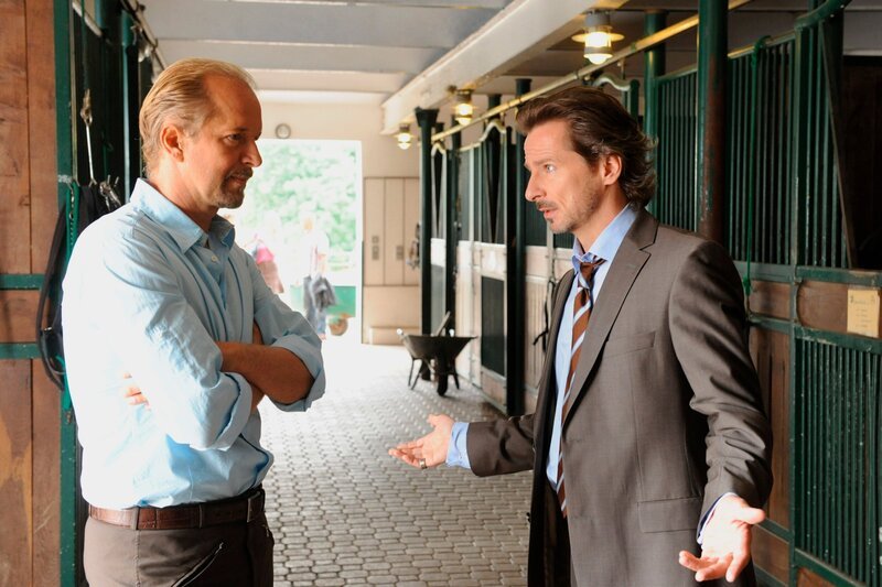 ARD DIE STEIN II. Staffel (13 neue Folgen), Folge 14 „Glück im Unglück“, machtkämpfe: Direktor Alexander Fumetti (David C. Bunners, r.) ist wütend auf Stefan Hagen (Jochen Horst, l.), der die gesamte Klasse 10b vom Reitunterricht suspendiert hat. – Bild: ARD/​Claudius Pflug