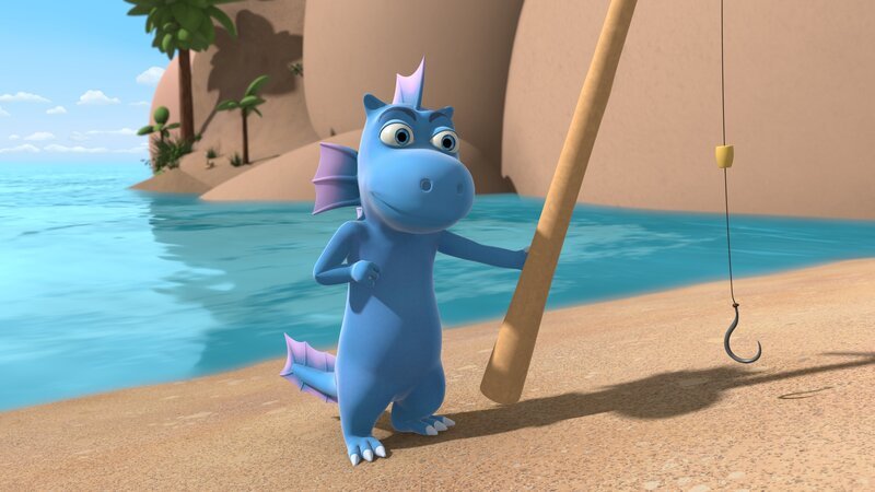 Opa Jörgens Angel ist verschwunden. Ob der junge Wasserdrache Wokki sie gestohlen hat? – Bild: ZDF und Caligari Film