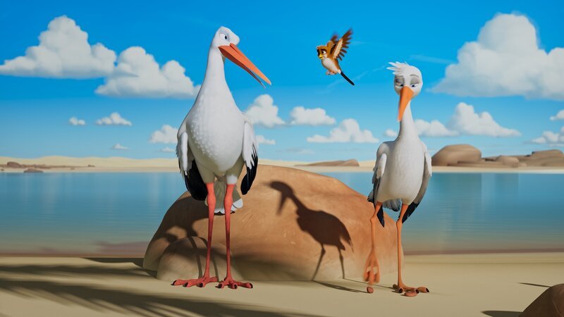 Claudius (Storch), Richard (Spatz) und Max (Storch) unterhalten sich am Strand des großen Sees. – Bild: NDR/​Knudsen Pictures GmbH/​Walking the Dog sprl/​Den siste skilling AS/​Senator Film Produktion GmbH